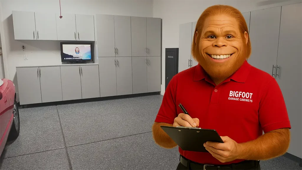 Bigfoot in garage with clipboard w w