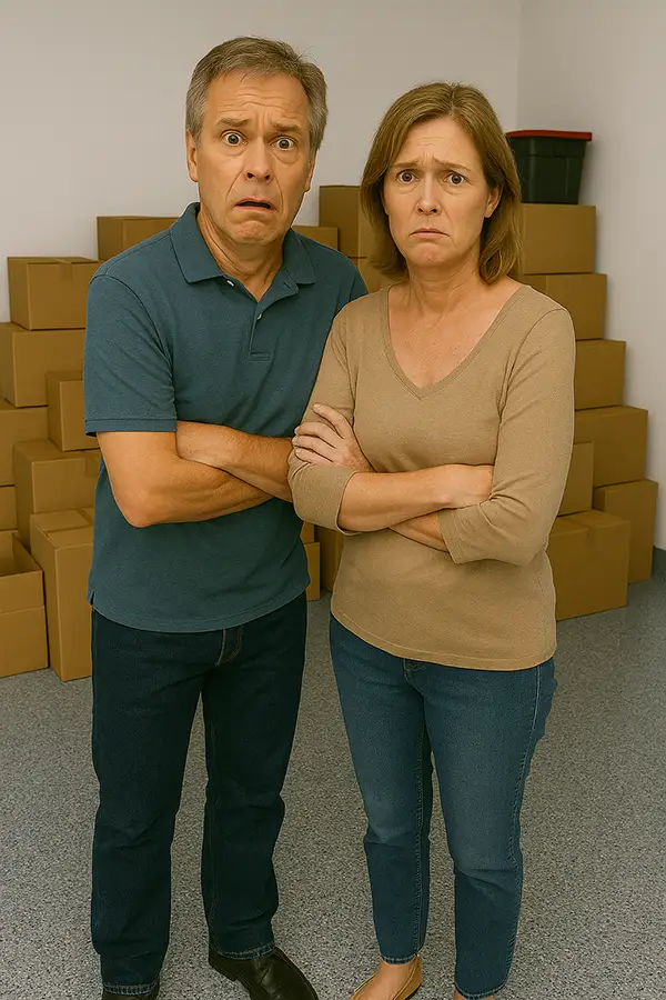 couple unhappy with cluttered garage w