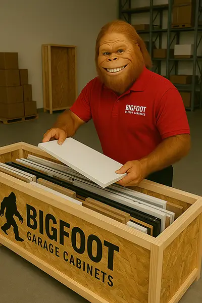 Bigfoot-unpacking-DIY-garage-cabinets w